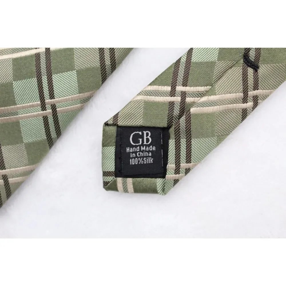 Geoffrey Beene 100% Silk Tie Green Gold Plaid Men Necktie